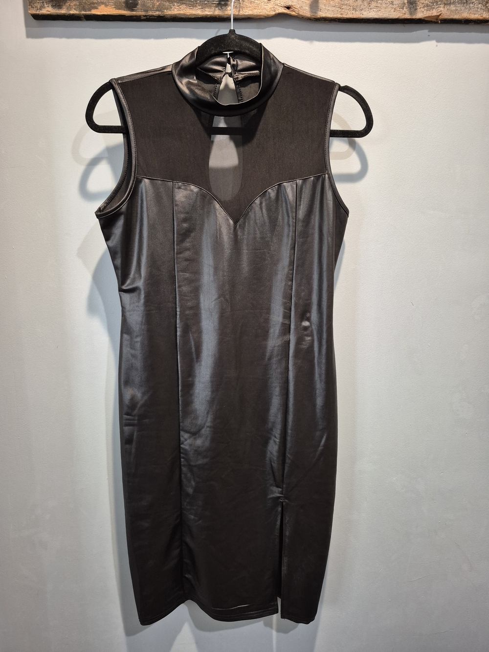 Sleek Black Faux-Leather Sheath Dress with Mesh Yoke Size Large